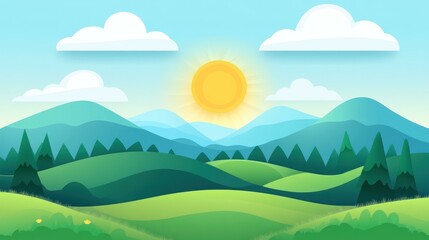 Obraz premium A minimalist vector landscape of hills and sun, featuring clean lines and a modern illustration style.