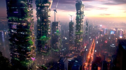 Futuristic city skyline with towering green structures and wind turbines. The scene captures the beauty of modern architecture blended with nature. A perfect representation of sustainability. AI