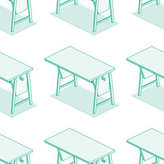 Isometric school desk tables. Seamless pattern. Outline objects isolated on white background. Classroom.