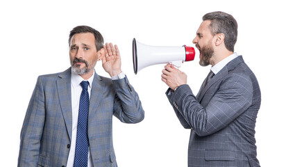 business idea advertisement. businessman manager shouting in loudspeaker isolated on white. business man promoter has conflict. businessman do business advertisement. advertisement concept