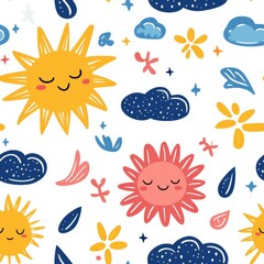 Bright and fun pattern featuring cheerful suns and cute clouds, perfect for kids decor and playful designs.