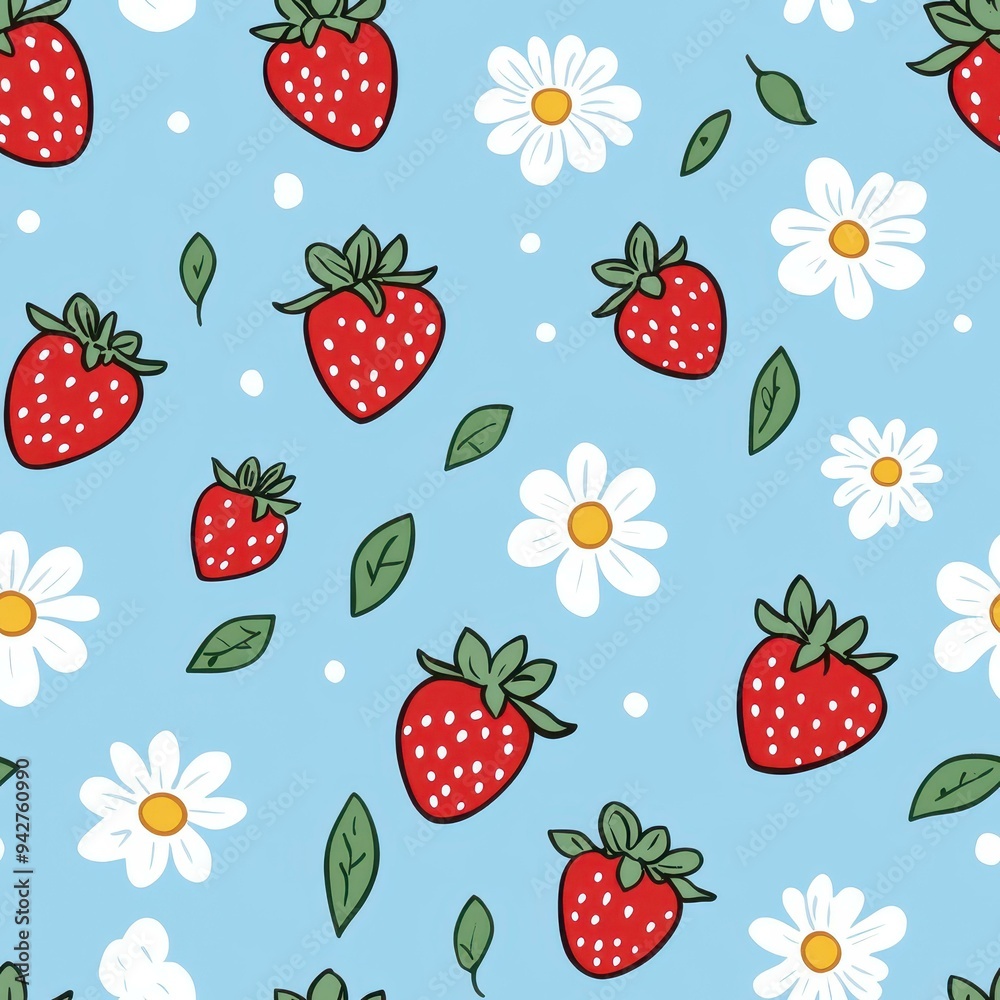 Poster Bright and cheerful design featuring cute strawberries against a light blue backdrop, perfect for a minimalistic touch.