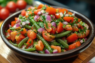 Green bean salad with cherry tomatoes, red onion and parsley in a rustic bowl