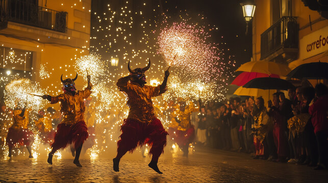 La Merc&egrave;, the fire dance "correfoc" with sparks falling onto the street, dancers in devil costumes running while carrying torches, Ai generated Images