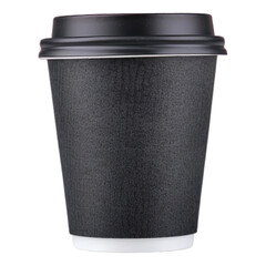 Black paper coffee cup with black lid on transparent background