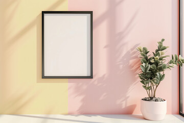 Fototapeta premium Scandinavian style blank black frame mockup on a pastel colored