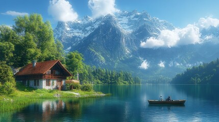 Fototapeta premium Couple fishing on a mountain lake with a stone cottage