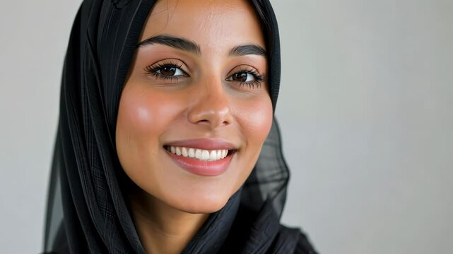 A young woman wearing a black hijab smiles warmly for the camera in a bright