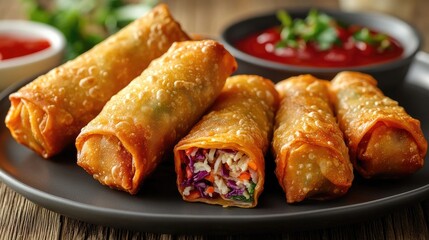 Crispy spring rolls filled with vegetables and chicken lying on a slate platter