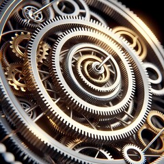 Close-up of a mechanism of simple geometric shapes made of energy communicating quantumly through light and binary numbers, interlocking silver and gold metal bands representing universal balance, .