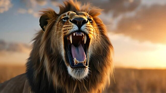 A majestic lion roars against a dramatic sunset sky