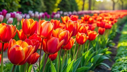 A vibrant row of red and orange tulips in full bloom in a spring garden