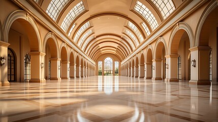 Grand Empty Event Hall with High Vaulted Ceilings, Polished Marble Floors, and Soft Ambient Lighting for Upscale Events