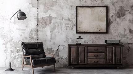 Poster, wall mockup in interior background with old grunge furniture, 3d render the beautiful one