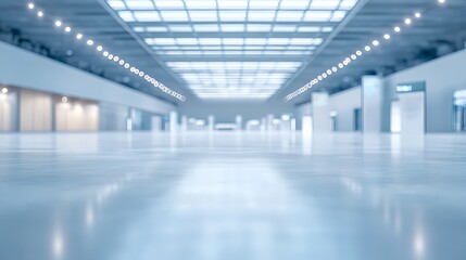 Fototapeta premium Sleek Empty Exhibition Hall with Modern Architecture, Blurred Signage, and Smooth Flooring Ready for Event