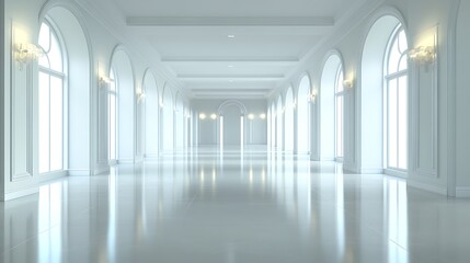Obraz premium Elegant Empty Reception Hall with Shiny Glossy Floors, Subtle Architectural Features, and Ambient Lighting