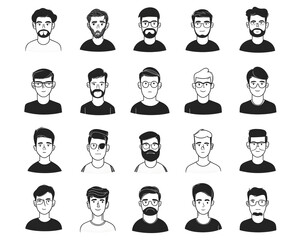 Black cartoon hand drawn characters for avatar collection isolated on white background. Simple shapes and lines people for mobile game or app interface