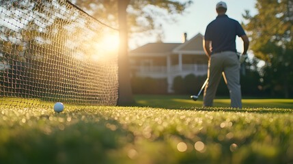 Golfer Practicing Driving with Net in Backyard During Sunset