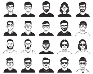 Black cartoon hand drawn characters for avatar collection isolated on white background. Simple shapes and lines people for mobile game or app interface
