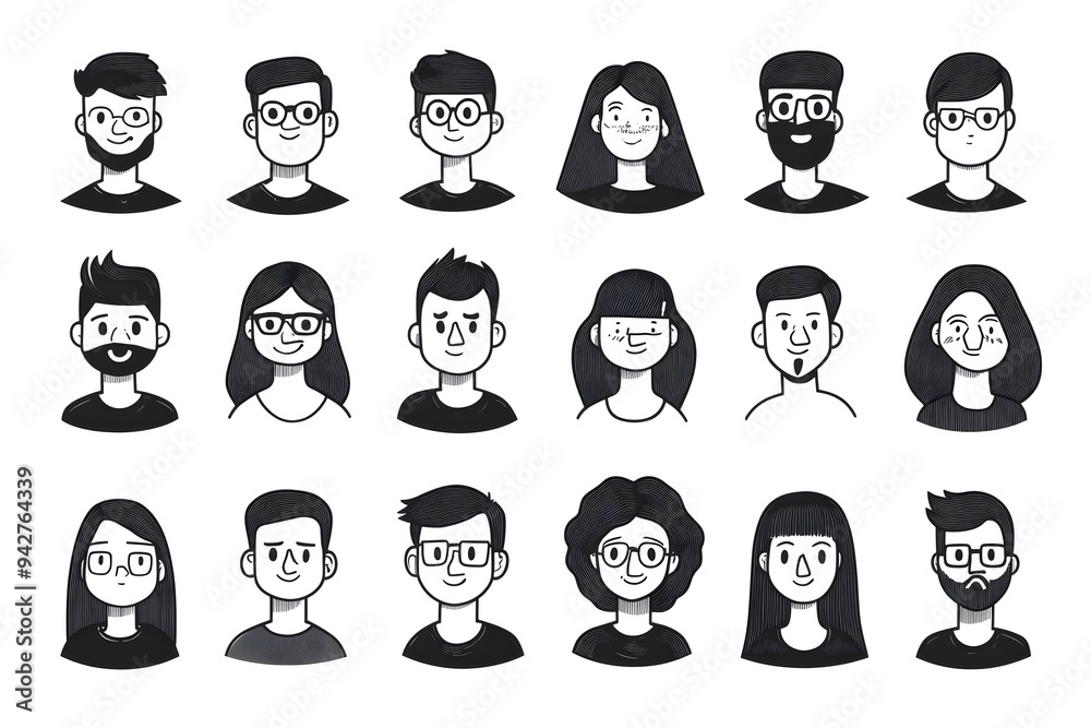 Sticker Black cartoon hand drawn characters for avatar collection isolated on white background. Simple shapes and lines people for mobile game or app interface