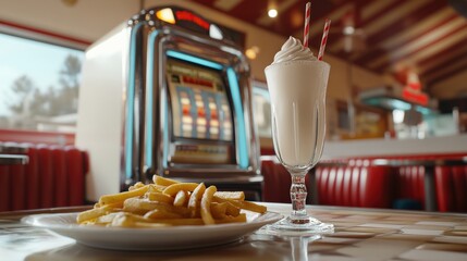 A classic diner features a tall milkshake topped with whipped cream and striped straws next to a plate of crispy fries, evoking a nostalgic atmosphere of the past