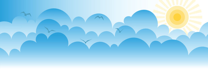 Vector drawing of sky, sun in the clouds, cartoon illustration, natural background	
