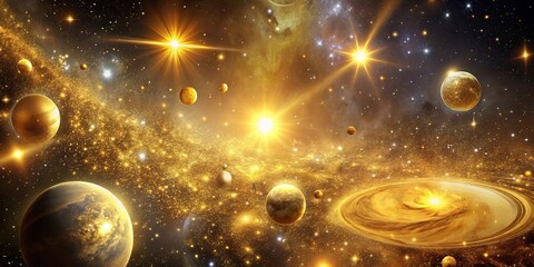 Golden galaxy wallpaper with elegant shiny, cosmic vibes, featuring stars and celestial bodies in a beautiful universe