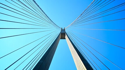 Fototapeta premium This is a stunning view of a modern suspension bridge captured from below. The blue sky enhances the architectural beauty. Perfect for urban or structural design themes. AI