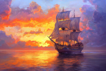 Naklejka premium A Tall Ship Sails Through a Dramatic Sunset Sky