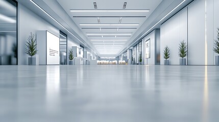 Elegant Modern Exhibition Hall with Smooth Flooring, Clean Lines, and Blurred Signage Ready for Event