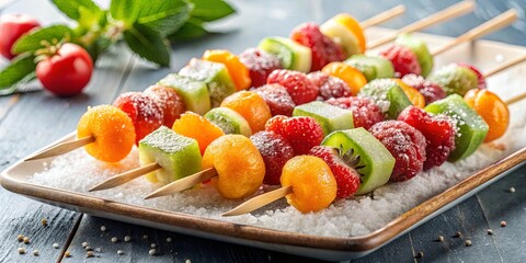 Assorted fruits on tanghulu skewers with shiny sugar coating, a popular Korean-Chinese snack