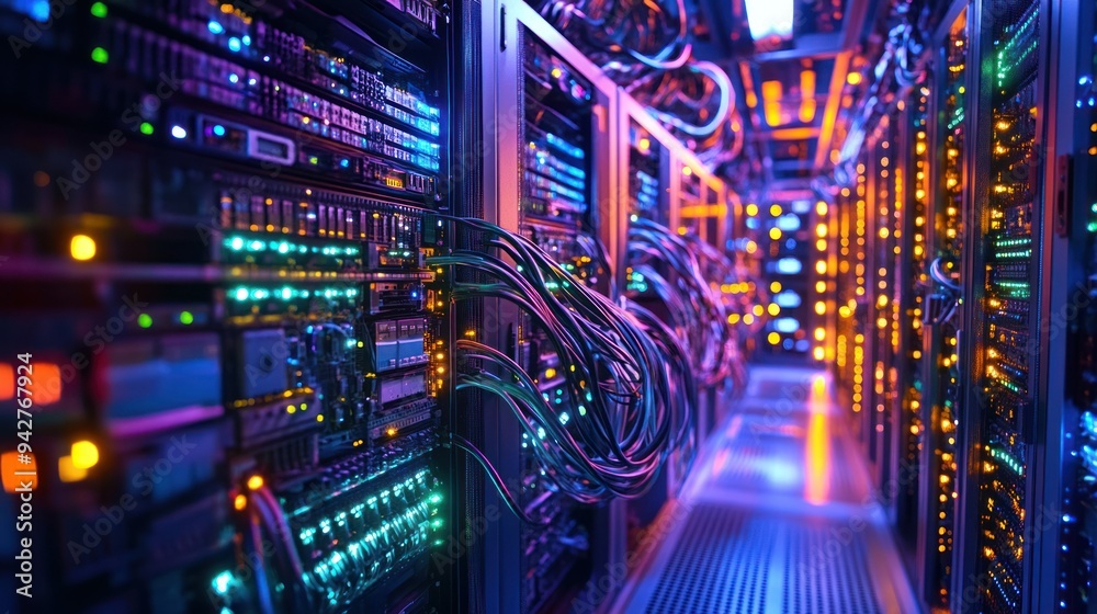 Poster Rows of Servers in a Data Center with Colorful Lights and Cables