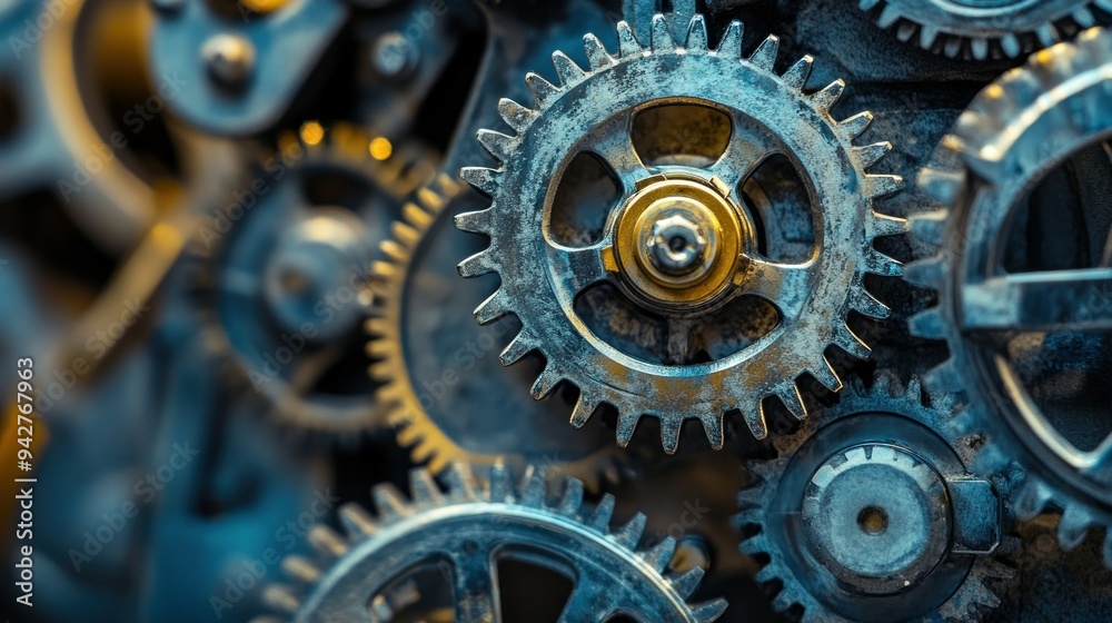 Poster close-up of worn metallic gears interlocking
