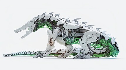 White Mechanical Crocodile with Green Internal Wiring