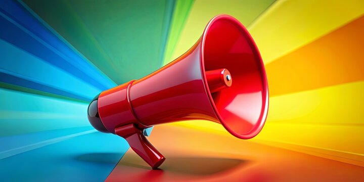 A vibrant red megaphone on a colorful background, ideal for communication and promotion