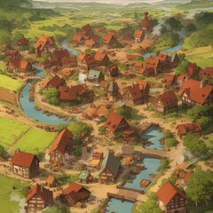 Fototapeta premium Vibrant Medieval Fantasy Game Board: Top-Down View of Colorful Cartoon-Style Map. Intricate Digital CG Artwork for Video Game Concept, Board Game Design, and Interactive Storytelling. Perfect for Book