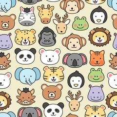 Seamless pattern zoo wild animals icon cute characters illustration outline kiddy happy cheerful kawaii japanese style decorative elements wallpaper background
