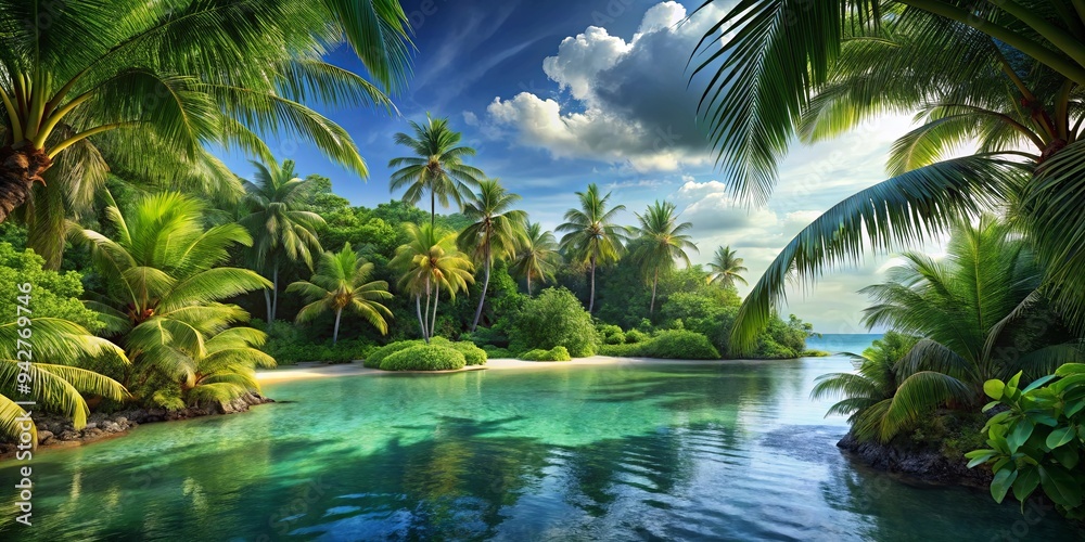 Wall mural Tropical island oasis with greenery and lush jungle backdrop for a relaxing escape