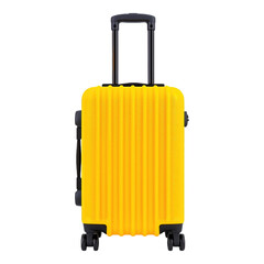 Yellow travel suitcase with wheels on a transparent background