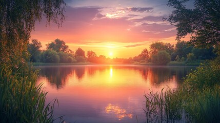 A tranquil sunset reflects on a serene lake, embodying natures gentle acceptance of the days conclusion in soft shades of amber and blush.