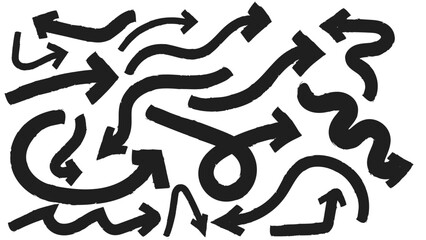 Hand drawn chalk and charcoal arrow doodle collection in thin black stokes isolated on white background