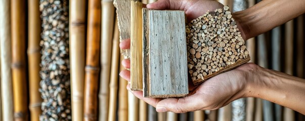 Close-up of hands holding a variety of sustainable construction materials like bamboo, reclaimed wood, and recycled metal