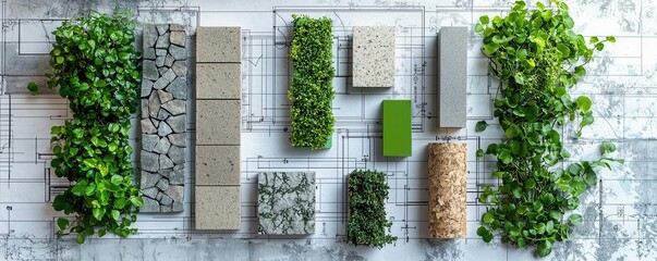 Eco-friendly building materials arranged on a blueprint, with greenery intertwined, highlighting sustainable construction practices