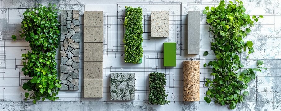 Eco-friendly building materials arranged on a blueprint, with greenery intertwined, highlighting sustainable construction practices