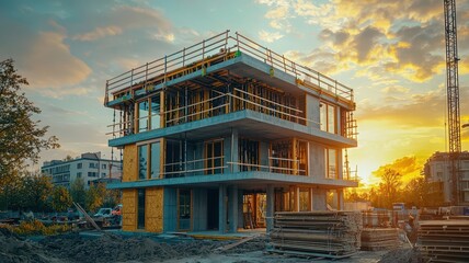 Time-lapse of a sustainable building being constructed, showing the progression from raw materials to finished eco-friendly structure