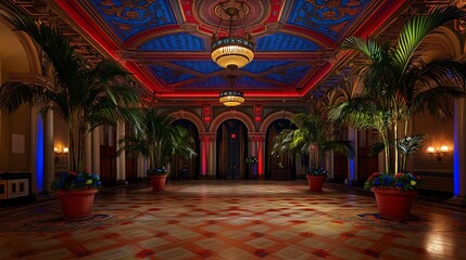 Obraz premium Majestic Ballroom Decorated with Potted Palm Trees, Intricate Ceiling, and Warm Lighting with Red and Blue Accents