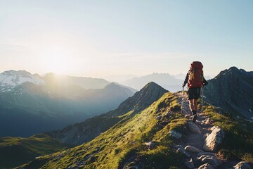 Fototapeta premium An intrepid explorer ascends a challenging mountain path at dawn, enveloped by stunning vistas and a radiant sky.