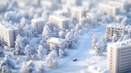 3d isometric view landscape of snowy city or town. Cute city with road, trees, buildings covered with snow.	