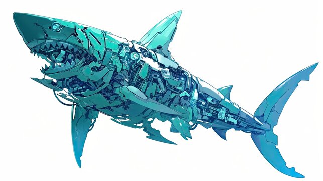 Mechanical Shark with Exposed Gears and  a Teal and White Color Scheme
