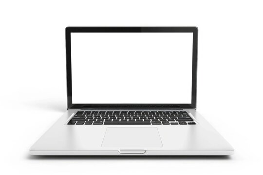 A laptop computer with a blank screen on a white surface, suitable for use as a placeholder or demonstration of device functionality